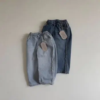 Осенние простые модные джинсы в стиле ретро Для мальчиков и малышей, повседневные универсальные джинсовые брюки для девочек, хлопковые свободные брюки с карманами для девочек
