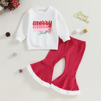 Suefunskry Осенние наряды для маленьких девочек, свитшоты с круглым вырезом и буквенным принтом, плюшевые брюки-клеш в стиле пэчворк, комплект рождественской одежды из 2 предметов