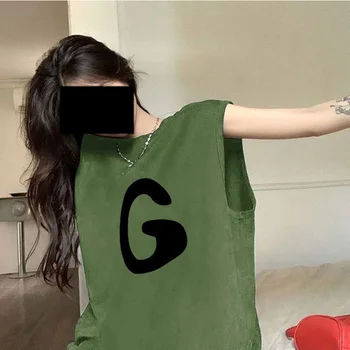 Летняя новинка, однотонная футболка без рукавов с круглым вырезом и корейскими буквами, женская повседневная трендовая свободная майка, футболка в молодежном стиле для женщин.