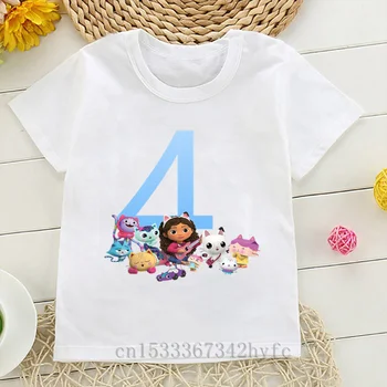 Модные детские футболки от 1 до 9 лет, номер дня рождения, кукольный дом Габби, футболки для девочек с мультяшным принтом, одежда для вечеринки по случаю дня рождения