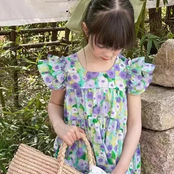 Детское платье с цветочным узором Melario Sweet and Beautiful 2023, летнее новое детское платье в пасторальной гамме с фиолетовыми цветами и расклешенными рукавами