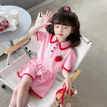 Новая летняя одежда для девочек 2023 года в клубничном корейском стиле, детский спортивный комплект из 2 предметов, милая детская одежда