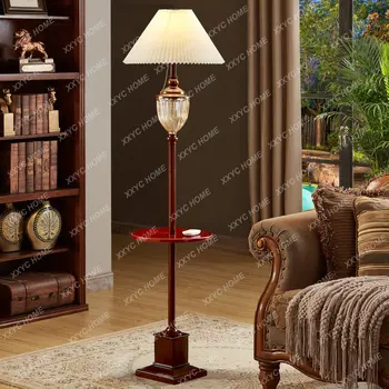 Китайская ретро спальня Гостиная Кабинет Вертикальный торшер Функциональный чайный столик из массива дерева Прикроватная лампа с дистанционным управлением