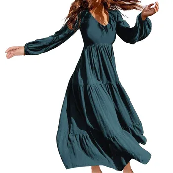Женские повседневные платья на пуговицах, однотонный V-образный вырез, свободное платье с длинным рукавом, длинные платья
