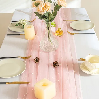 Жемчужная сетка, Розовая настольная дорожка, свадебная 10-футовая Прозрачная вуаль, украшение обеденного стола, Романтическая Помолвка, Юбилейная дорожка для стола