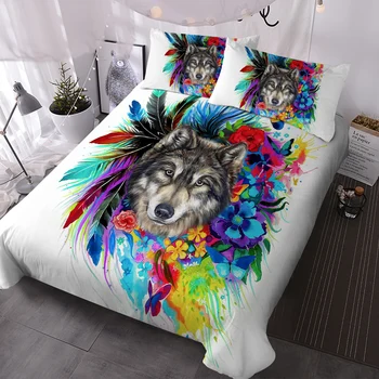 Комплект постельного белья в волчьей тематике, покрывало с принтом волка и ярких цветов, декоративный пододеяльник из 3 частей с 2 наволочками