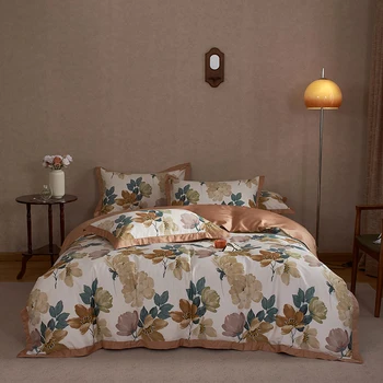 Современный хлопковый комплект постельного белья с цветочным принтом, Пододеяльник, Льняная простыня, Наволочки, домашний текстиль