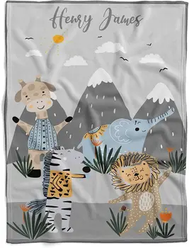 Персонализированное детское одеяло Safari Jungle Серого цвета, Детское одеяло с животными Safari, Детская комната для сафари для мальчиков, Тематический ребенок в джунглях