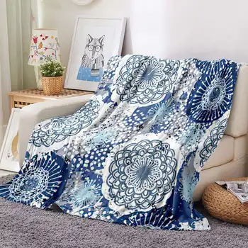 Одеяло с цветочным рисунком в стиле Бохо, Фланелевое Плюшевое Теплое уютное сине-белое Племенное одеяло для гостиной, спальни, кровати, дивана, домашнего декора