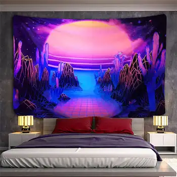 Гобелен Sunset Mushroom Blacklight Planet, Гобелен с УФ-реакцией, настенный флуоресцентный Гобелен для спальни, декор для вечеринок в общежитии