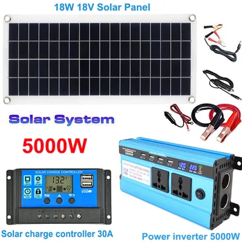 Солнечная энергетическая система мощностью 5000 Вт Зарядное устройство от 12 В до 220 В инвертор 30A Контроллер заряда 18 Вт Солнечная панель Полный комплект для выработки электроэнергии