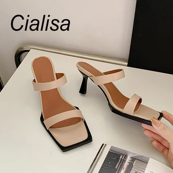 Cialisa, Летние модные женские тапочки на тонком высоком каблуке из натуральной кожи, Лаконичные женские вечерние туфли, женские тапочки абрикосового цвета 40