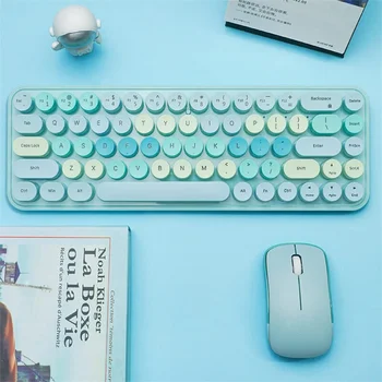 Разноцветная беспроводная клавиатура и мышь 2.4G, круглая крышка для ключей, многоцветная симпатичная расческа для мыши с 68 клавишами, беспроводная USB-клавиатура и мышь