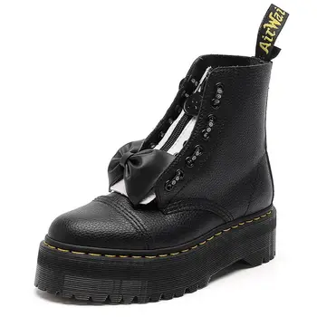 Женские черные рабочие ботинки Martin, модная толстая подошва с бантиком, приподнятая губчатая обувь, роскошные кожаные ботинки