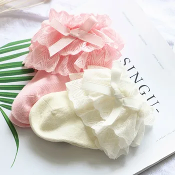 Летние Детские носки С милыми кружевными цветочными бантиками, Носки для новорожденных девочек, Мягкие хлопковые короткие носки принцессы с рюшами для малышей