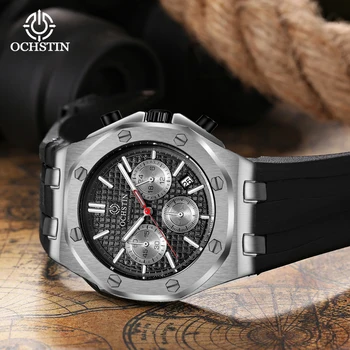 Мужские многофункциональные кварцевые часы OCHSTIN Pilot Series с искусственным ремешком, простые выдающиеся кварцевые часы цвета черного серебра, многоцветные