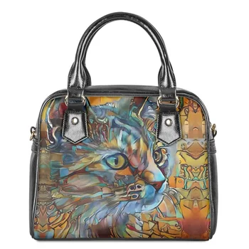 Модный художественный дизайн, красочные сумки через плечо с рисунком кота для женщин, модные классические повседневные сумки для покупок, кожаные сумки