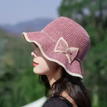 Модная шляпа с козырьком, однотонная вязаная уличная дорожная шляпа с волнистыми полями и бантом, женская кепка-ведро, Рыбацкая шляпа