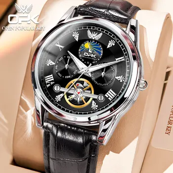 OPK Роскошные мужские кварцевые часы, модный водонепроницаемый светящийся кожаный ремешок, полностью автоматические выдолбленные мужские наручные часы с турбийоном