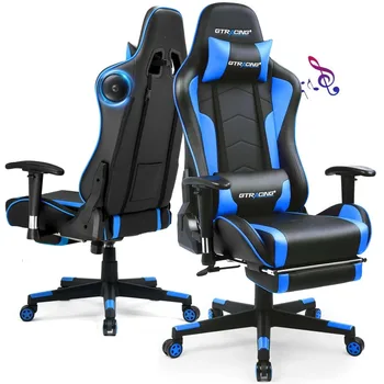 Игровое кресло GTPLAYER с динамиками Bluetooth, подставка для ног, музыкальное офисное кресло из искусственной кожи, синий