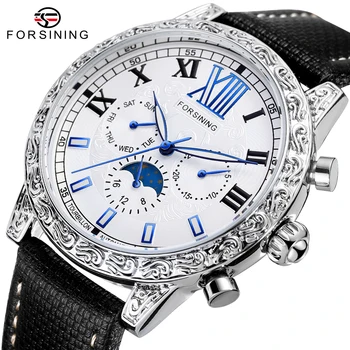 Наручные часы Forsining Reloj Para Hombre Роскошные мужские черные часы с ремешком из натуральной кожи Мужские механические часы с автоматическим подзаводом в подарок