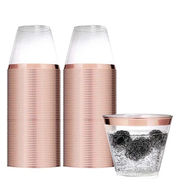 пластиковые стаканчики из розового золота весом 9 унций, 50 упаковок ~ Модные пластиковые стаканчики ~ Одноразовые стаканчики для свадьбы - Элегантные стаканчики для вечеринок с ободком из розового золота
