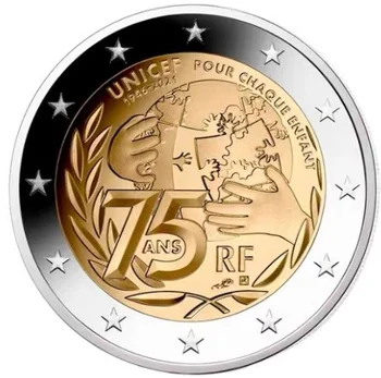 Франция 2021 75-летие Детского фонда Организации Объединенных Наций 2 евро Биметаллическая монета 100% Оригинал