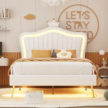 Белая полноразмерная мягкая кровать со светодиодной подсветкой, современная мягкая кровать Princess с изголовьем в виде короны, для мебели для спальни