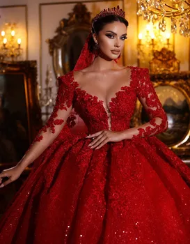 Арабское Роскошное Свадебное платье из красного Кружева с Длинными рукавами, Расшитое Блестками, Женское Свадебное платье в Дубае 2024 Vestido De Novia