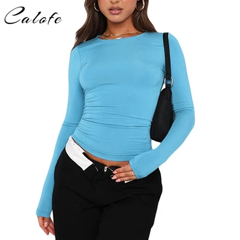 Модная женская футболка с длинным рукавом и круглым вырезом, облегающая футболка для йоги, укороченный топ, базовые пуловеры, футболки, футболки, одежда для женщин