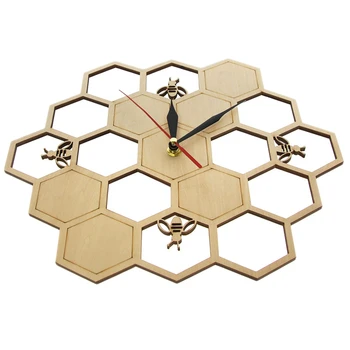 Часы из вырезанного дерева Медоносная пчела на медовом гребне Шестиугольные Природные часы Настенные часы Геометрический кухонный художественный декор