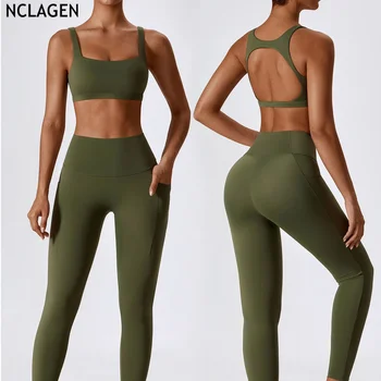 NCLAGEN Быстросохнущий костюм для йоги с карманом для фитнеса, облегающий комплект, бюстгальтер Пуш-ап и леггинсы, дышащие тренировочные брюки, спортивная одежда для женщин