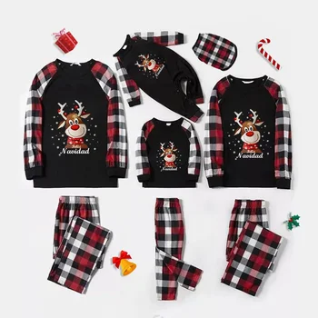 Семейные пижамы в рождественском стиле эксклюзивного дизайна со снежинками и оленями Feliz Navidad, Черно-красный комплект пижамных пледов