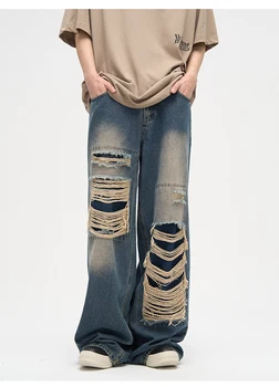 Свободные джинсы с дырками, мужские Ретро винтажные брюки с прямыми штанинами, модная уличная одежда, Нейтральный повседневный дизайн, джинсовые брюки, брюки