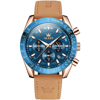 Мужские часы OLEVS, популярные модные оригинальные кварцевые часы для мужчин, хронограф, водонепроницаемые кожаные наручные часы, светящаяся фаза Луны