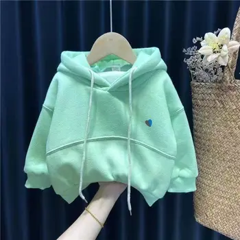 2022 Новый однотонный свитер для девочек с утолщенным капюшоном, осенне-зимняя детская куртка, зимний топ в корейском стиле, толстовка с капюшоном