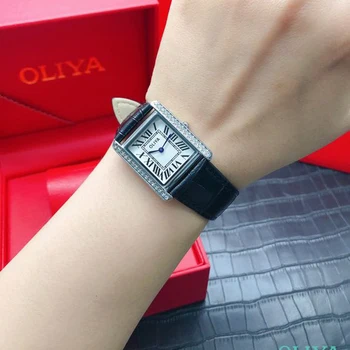 Oliya Light, Роскошные модные женские кварцевые квадратные часы, Кожаный ремень, Классические стальные водонепроницаемые женские часы