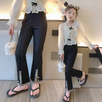 комплекты одежды из ткани для подростков для девочек; элегантные брюки; брюки и блузка; топы с длинными рукавами; костюм-двойка; весенне-осенняя одежда