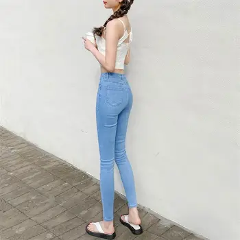 Женские джинсы Vaqueros Винтажные узкие джинсовые брюки с высокой талией Корейская уличная одежда для похудения Стрейчевые панталоны Леггинсы T12