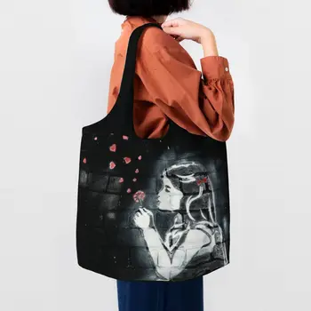 Многоразовая сумка для покупок Girl Blowing Hearts От Banksy, холщовая сумка-тоут, портативные сумки для покупок в стиле уличного искусства с граффити