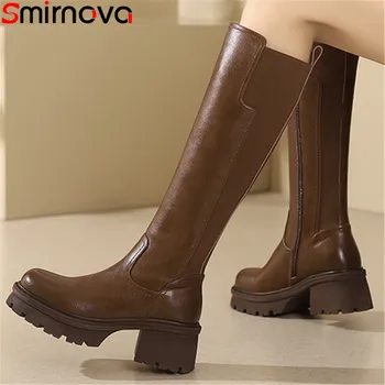Smirnova 2023, Новые сапоги до колена из натуральной кожи на молнии, женские винтажные ботинки на платформе, зимние ботинки на высоком квадратном каблуке.