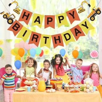 Новый баннер с Днем Рождения, строительная машина, Бумажные флажки, Гирлянда для детского душа, украшение для вечеринки по случаю дня рождения для детей
