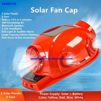 6-Вентилятор 2-Солнечная Крышка Вентилятора со светодиодной подсветкой Bluetooth, Звуковая сигнализация SOS, Солнечная крышка, ABS, Непромокаемая Жесткая Крышка, Шесть Вентиляторов 2-Солнечная Шляпа