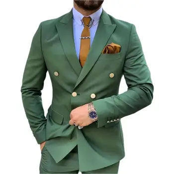 Модная мужская одежда Зеленого цвета, Двубортные Мужские костюмы, Сшитые на заказ, Свадебный смокинг Terno Masculino для жениха на выпускной, 2 предмета, Блейзер, куртка + брюки