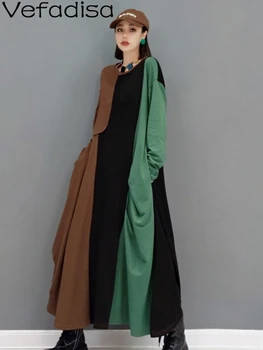 Новейшее Весенне-осеннее Цветное женское платье 2023 в стиле пэчворк, Женское Длинное платье, Повседневный пуловер, платье Зеленого цвета, Хаки QYF6393