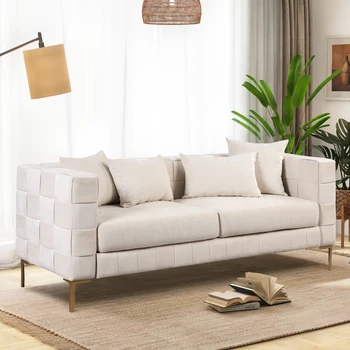 Модный 80,5-дюймовый мягкий диван с 4 подушками, современный диван с золотистыми металлическими ножками для гостиной, спальни, квартиры, бежевый
