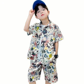 Детская одежда, одежда с цветочным рисунком для мальчиков, Блузка + Короткий спортивный костюм для мальчиков, Летние спортивные костюмы для детей