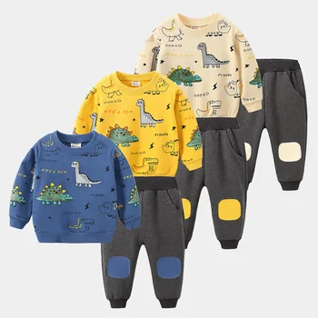 Толстовка для мальчиков и девочек, весенне-осенний детский костюм с милыми мультяшными принтами, штаны, комплект из 2 предметов, домашняя одежда для малышей