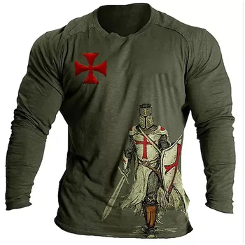 Осенняя мужская футболка с круглым вырезом и винтажным принтом Knight Templar, повседневная футболка с длинным рукавом, пуловер оверсайз, модный тренд мужской одежды