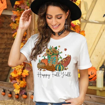 Счастливой осени, ваша футболка на День Благодарения, Осенняя футболка с графическим рисунком, Модная футболка Для осенней вечеринки, Топы с тыквой, Наряды для розыгрышей